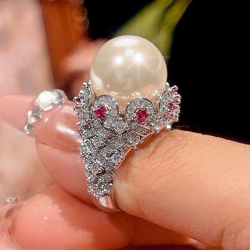 Adjustable 14mm Round Pearl Ring with Ruby Zircon Silver Plated Vintage Statement Ring for Women Elegant Party Wedding Jewelry