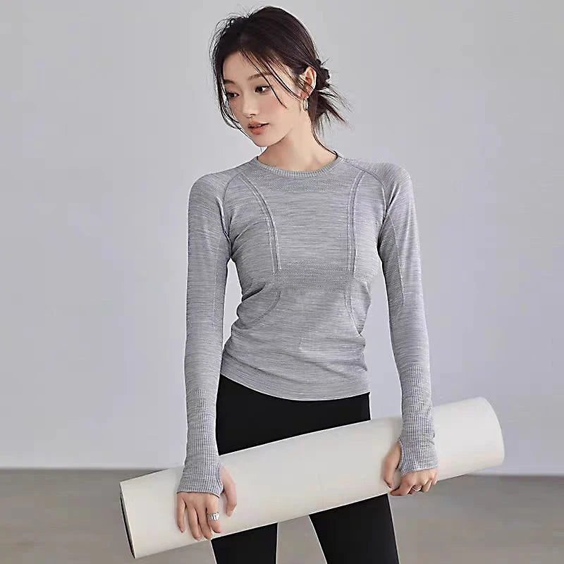 Yoga Clothes for Women, Sports Tops, Round Neck,, Seamless, Slim, Running Shirt Fitness Workout Long Sleeves Gym T shirt, Winter