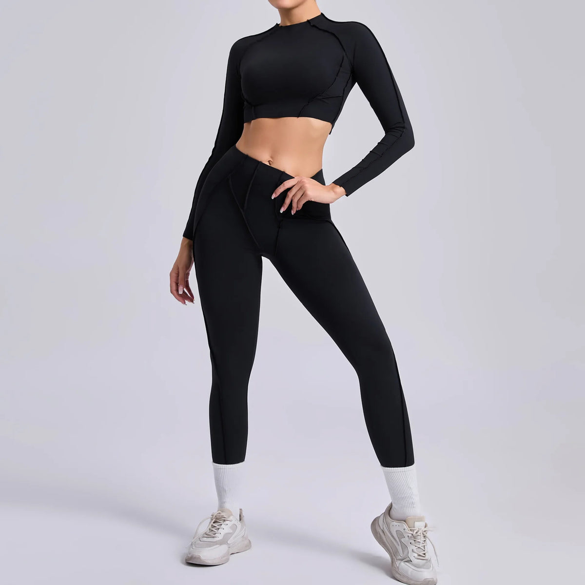 Seamless Yoga Sets Sports Fitness Hip-lifting High Waist Pleated Pants Long-sleeved Suits Workout Gym Leggings Sets for Women