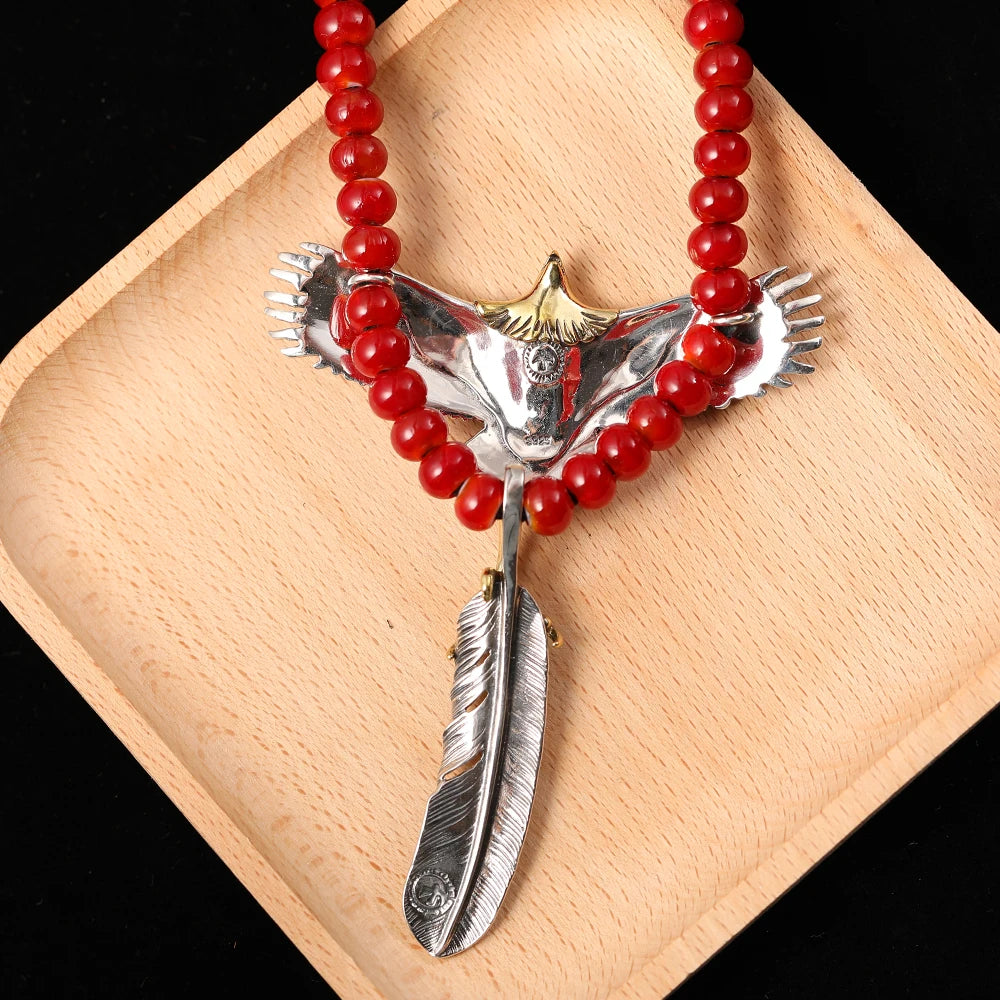 S925 Sterling Silver Takahashi Thai Silver Retro Red Glass Beads Deerskin Rope Necklace Flying Eagle Brass Claw Pendant GON079