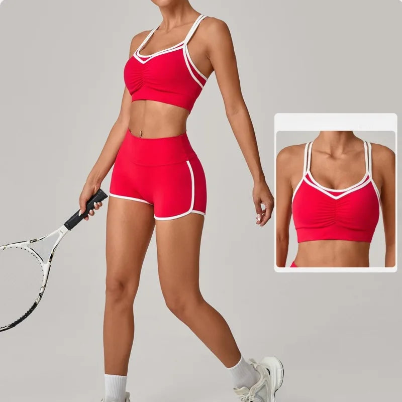 Women's Yoga Set Sports Fitness Color-Block Cross Beauty Back Bra Hip-Lifting Shorts Suits Training Running Workout Gym Sets