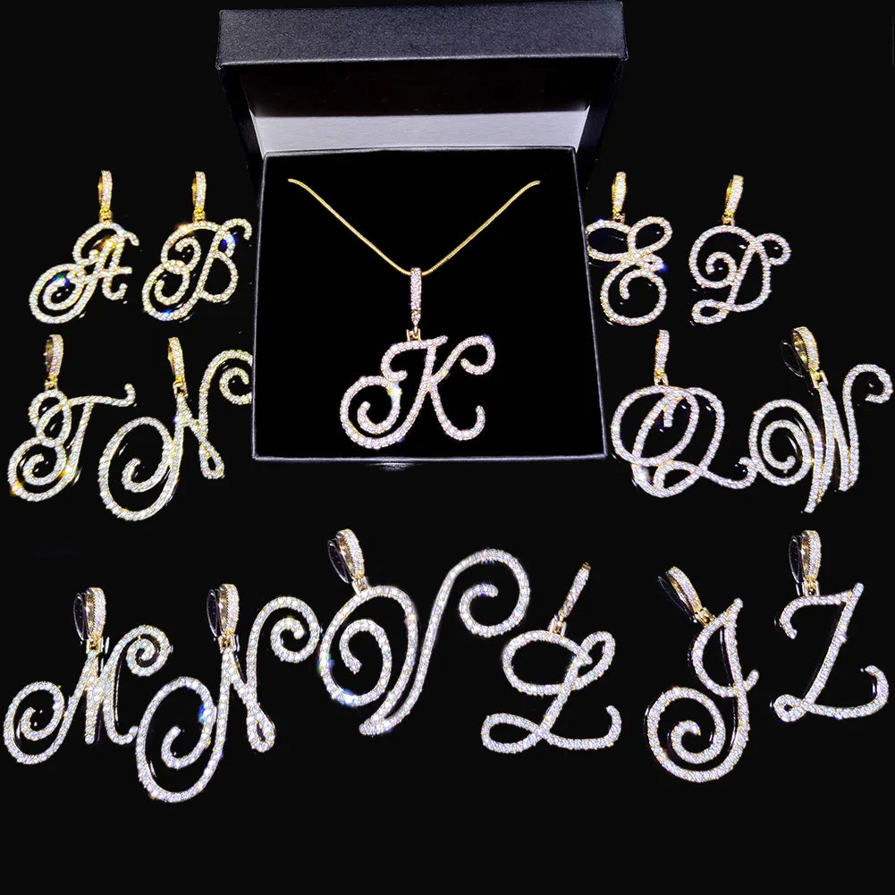 Fashion 26 Cursive Initial Letter Zircon Pendant Necklace For Women Shiny Crystal Alphabet Rope Chain Necklace Hip Hop Jewelry