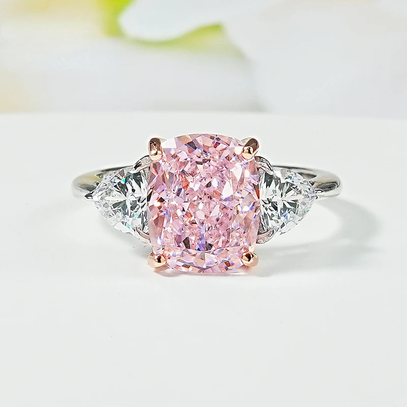 Luxury pink diamond Radian ice cut 925 silver ring set with high carbon diamond temperament versatile ice cut