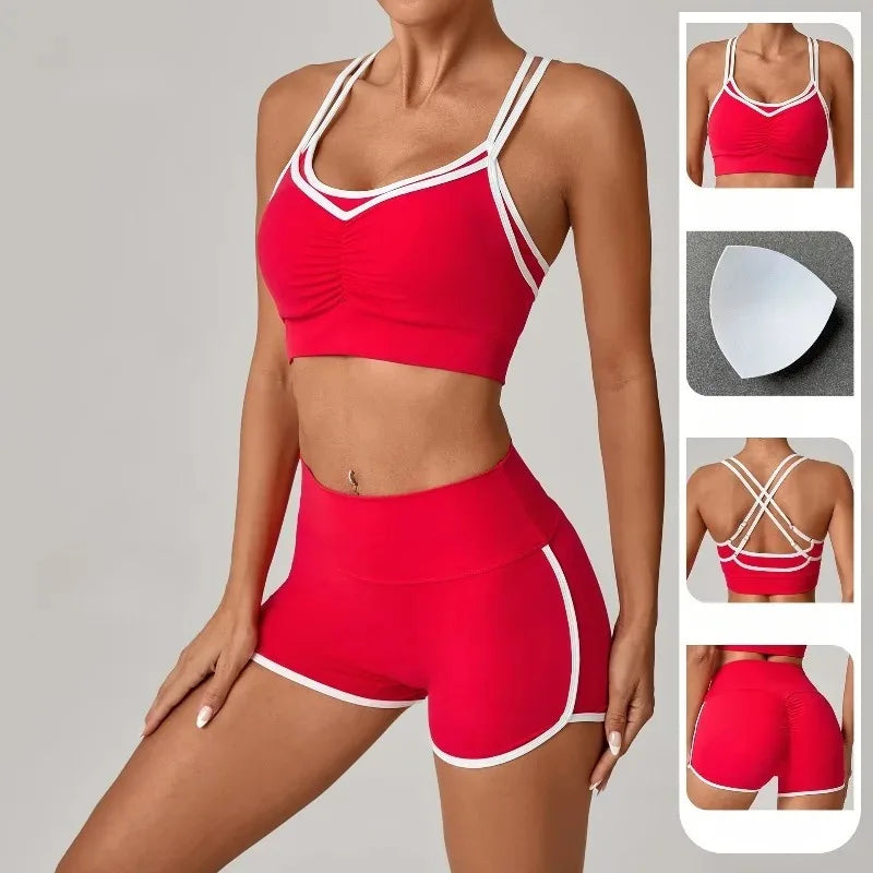 Women's Yoga Set Sports Fitness Color-Block Cross Beauty Back Bra Hip-Lifting Shorts Suits Training Running Workout Gym Sets