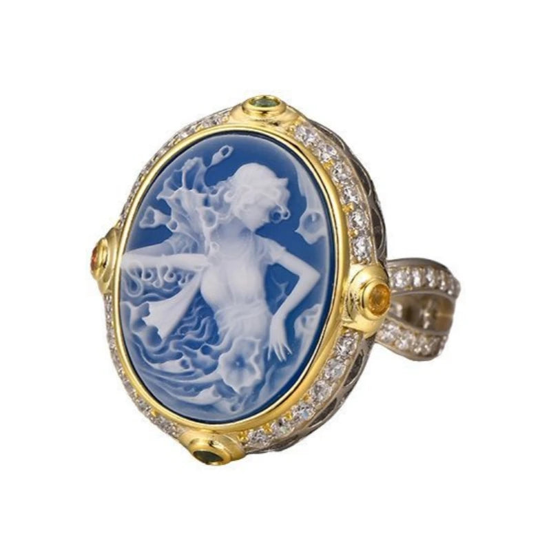 S925 Sterling Silver Rings for Women New Fashion Blue Agate White Shell Full Zircon Beauty Relief Portrait Jewelry Wholesale