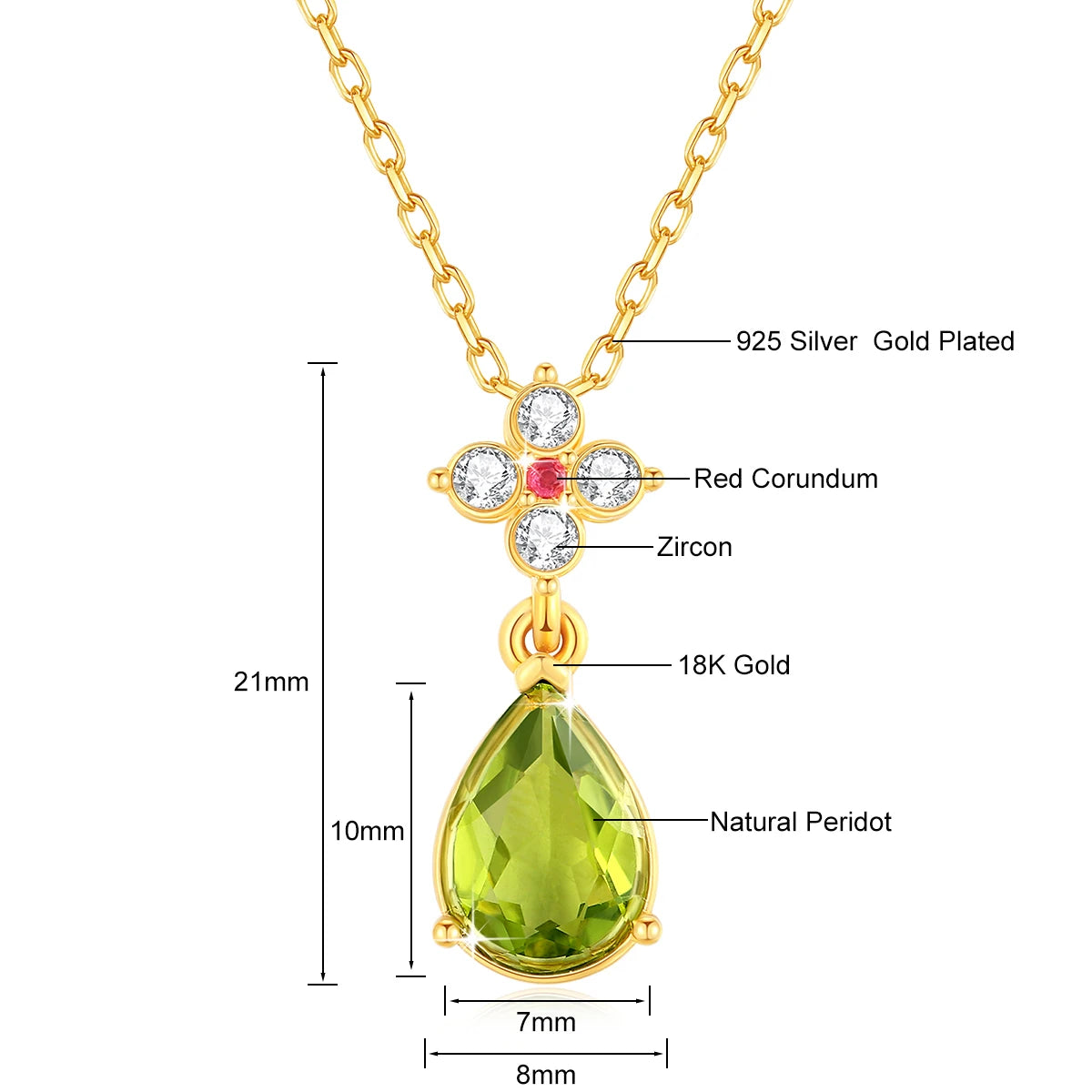 Real 18K Gold AU750 Necklaces Water Drop Natural Peridot Hollow-Out Pendant for Women Birthday Party Hypoallergenic Jewelry Gift