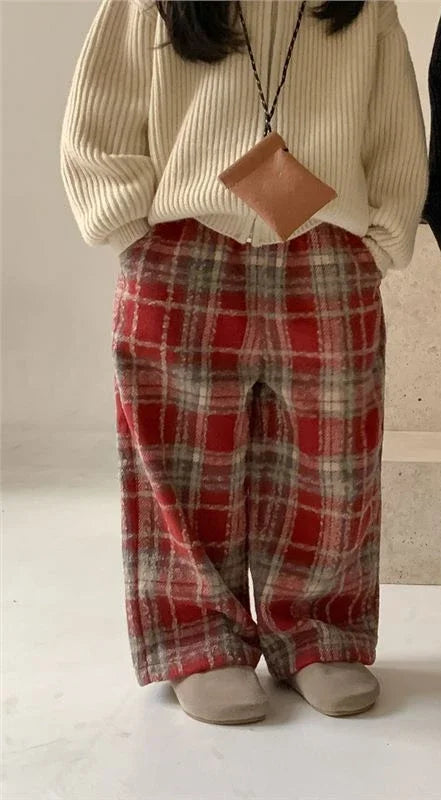 Kids' Plaid Wide-Leg Wool Pants Boys & Girls Winter Clothes Warm Autumn Winter Bottoms