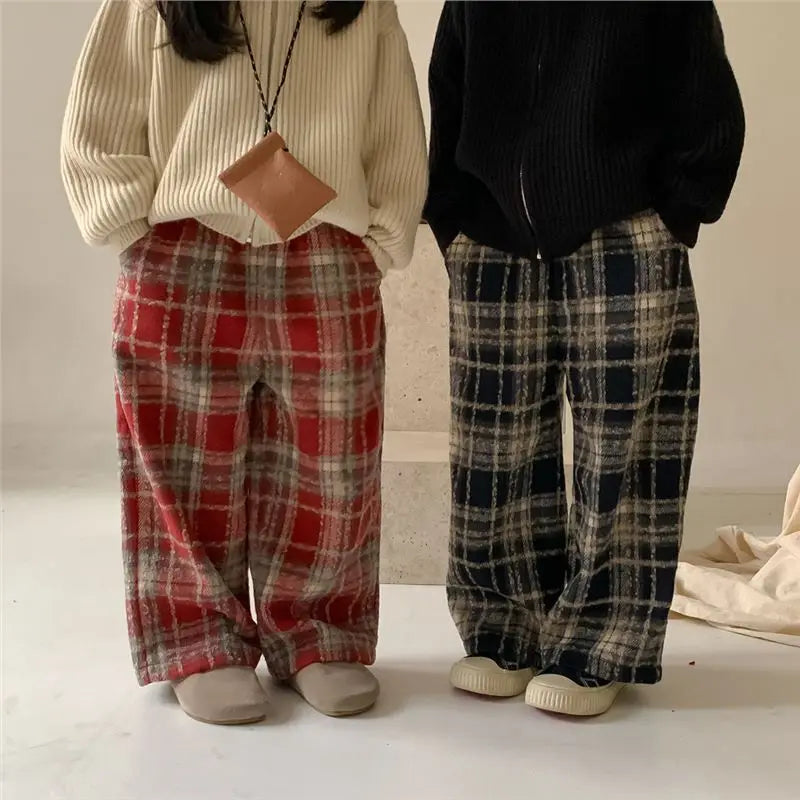 Kids' Plaid Wide-Leg Wool Pants Boys & Girls Winter Clothes Warm Autumn Winter Bottoms