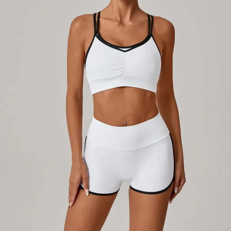Women's Yoga Set Sports Fitness Color-Block Cross Beauty Back Bra Hip-Lifting Shorts Suits Training Running Workout Gym Sets