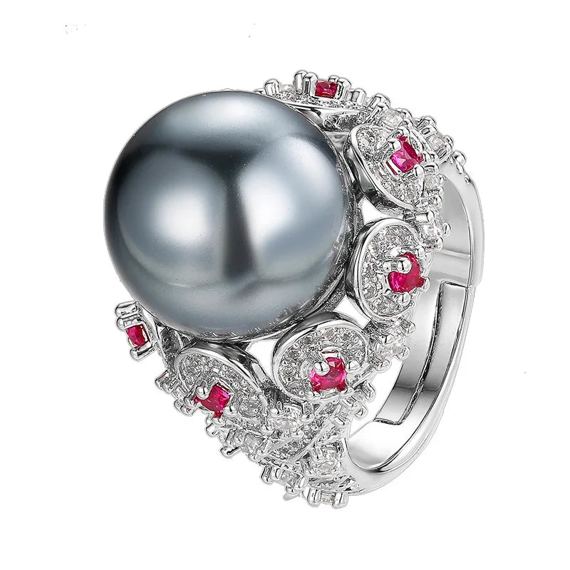 Adjustable 14mm Round Pearl Ring with Ruby Zircon Silver Plated Vintage Statement Ring for Women Elegant Party Wedding Jewelry