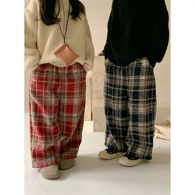 Kids' Plaid Wide-Leg Wool Pants Boys & Girls Winter Clothes Warm Autumn Winter Bottoms