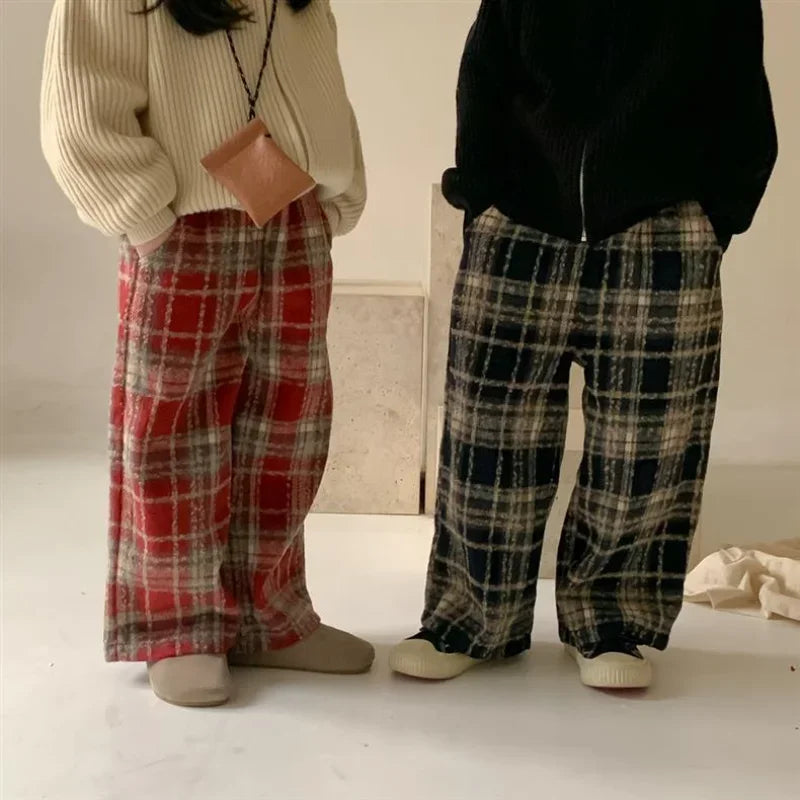 Kids' Plaid Wide-Leg Wool Pants Boys & Girls Winter Clothes Warm Autumn Winter Bottoms