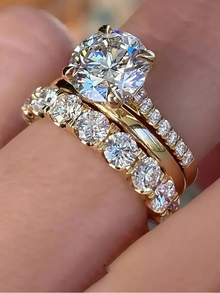 925 Sterling Silver Gorgeous Round Full Zircon Ring Three Piece Set For Women Engagement Wedding Luxury Fine Jewelry