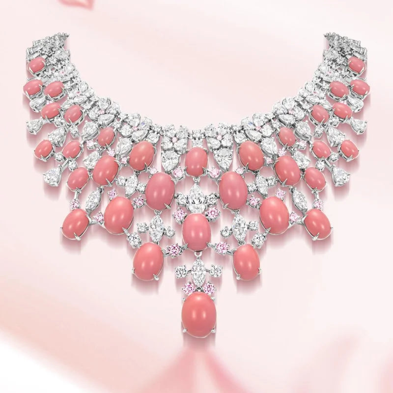 BELLUX Pendant Chain 925 Silver Synthetic Zircon Pink Queen Shell Beads Luxury Necklace Party Wedding Jewelry