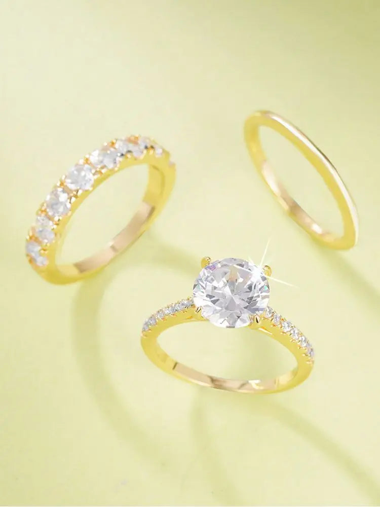 925 Sterling Silver Gorgeous Round Full Zircon Ring Three Piece Set For Women Engagement Wedding Luxury Fine Jewelry